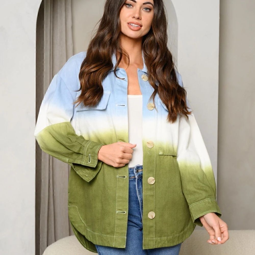 NEW! Boho Women's Long Sleeve Button Front Tie Dye Cotton Denim Shacket Shirt